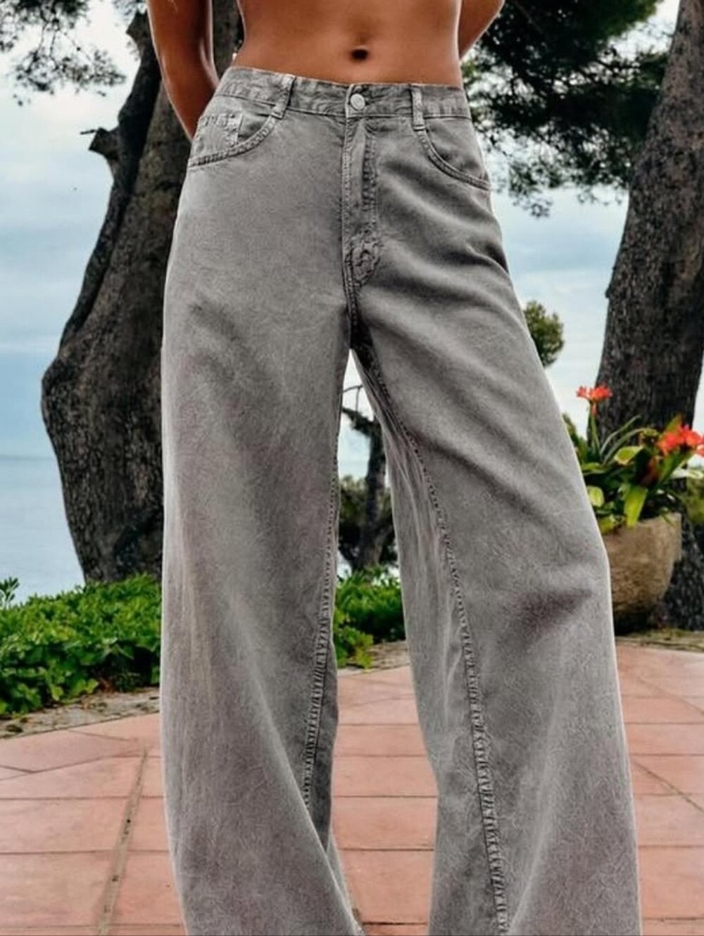 ZARA Lyocell Flowy Wide-Leg DENIM EFECT Lightweight Summer Pants in Light Gray - Picture 3 of 15
